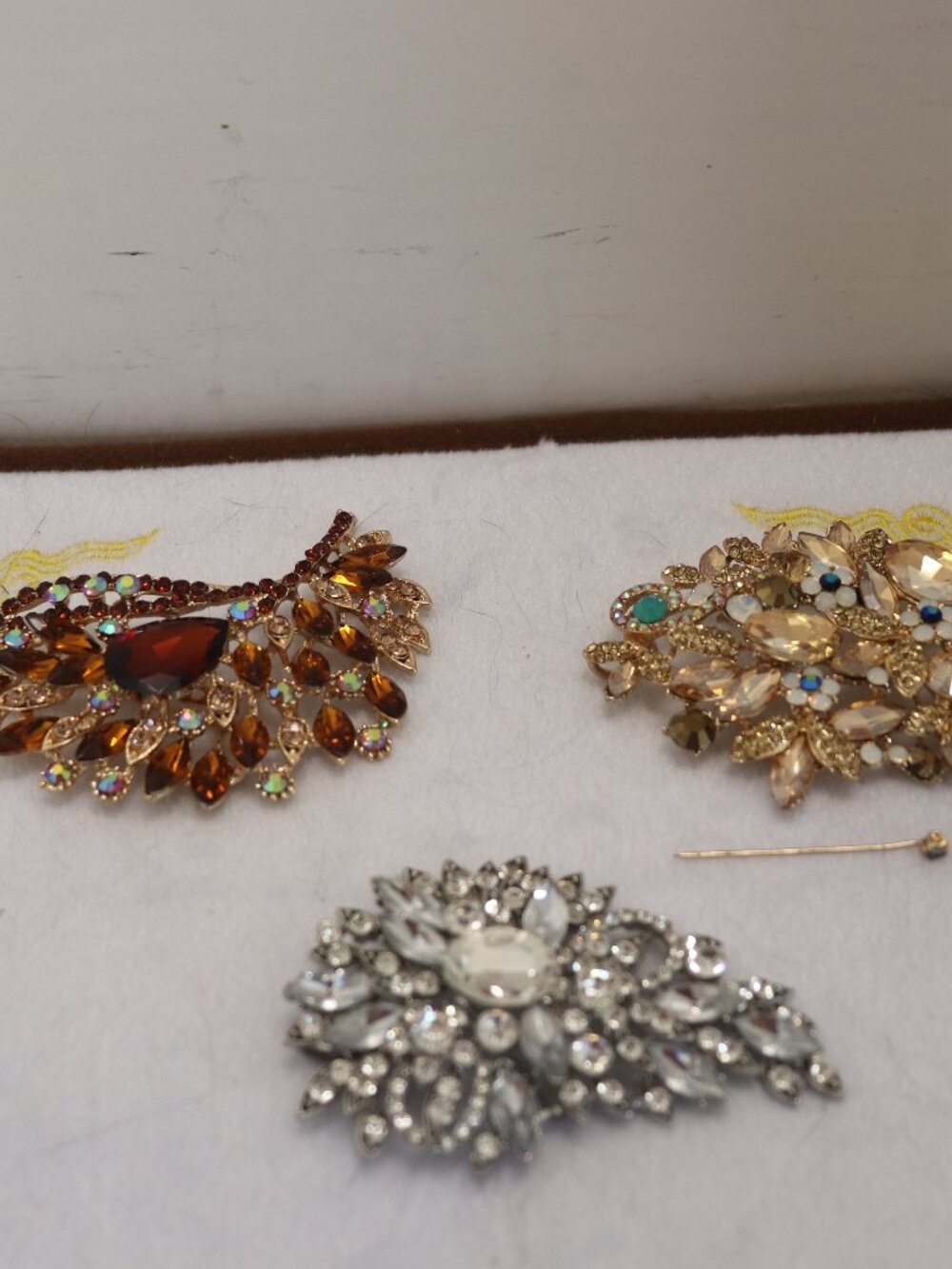 Women's 2 Gold Tone Vintage and 1 Women's Silver Tone Rhinestone Brooch Pins